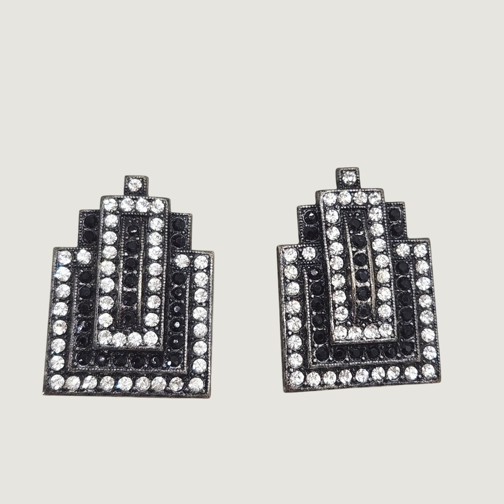 Vintage Art Deco Revival Rhinestone Clip On Earrings Black Clear Geometric Glam